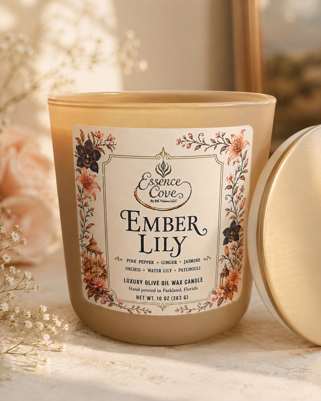 Essence Cove Ember Lily 10 oz luxury olive oil wax candle with double cotton wicks and gold lid lit on a stone surface surrounded by lilies and orchids.