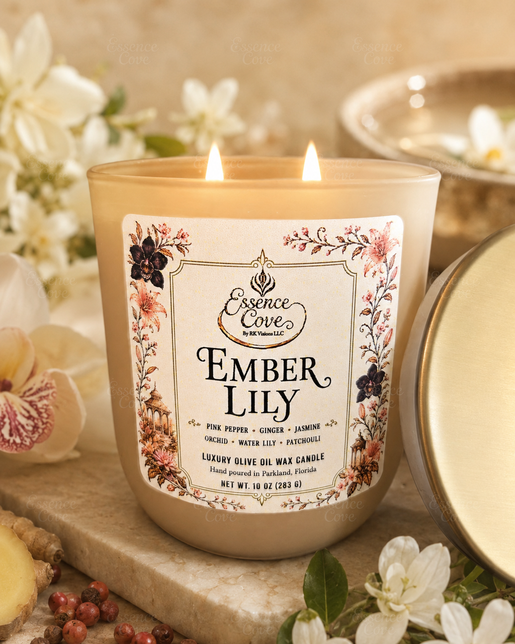Essence Cove Ember Lily 10 oz luxury olive oil wax candle with double cotton wicks and gold lid lit on a stone surface surrounded by lilies and orchids.