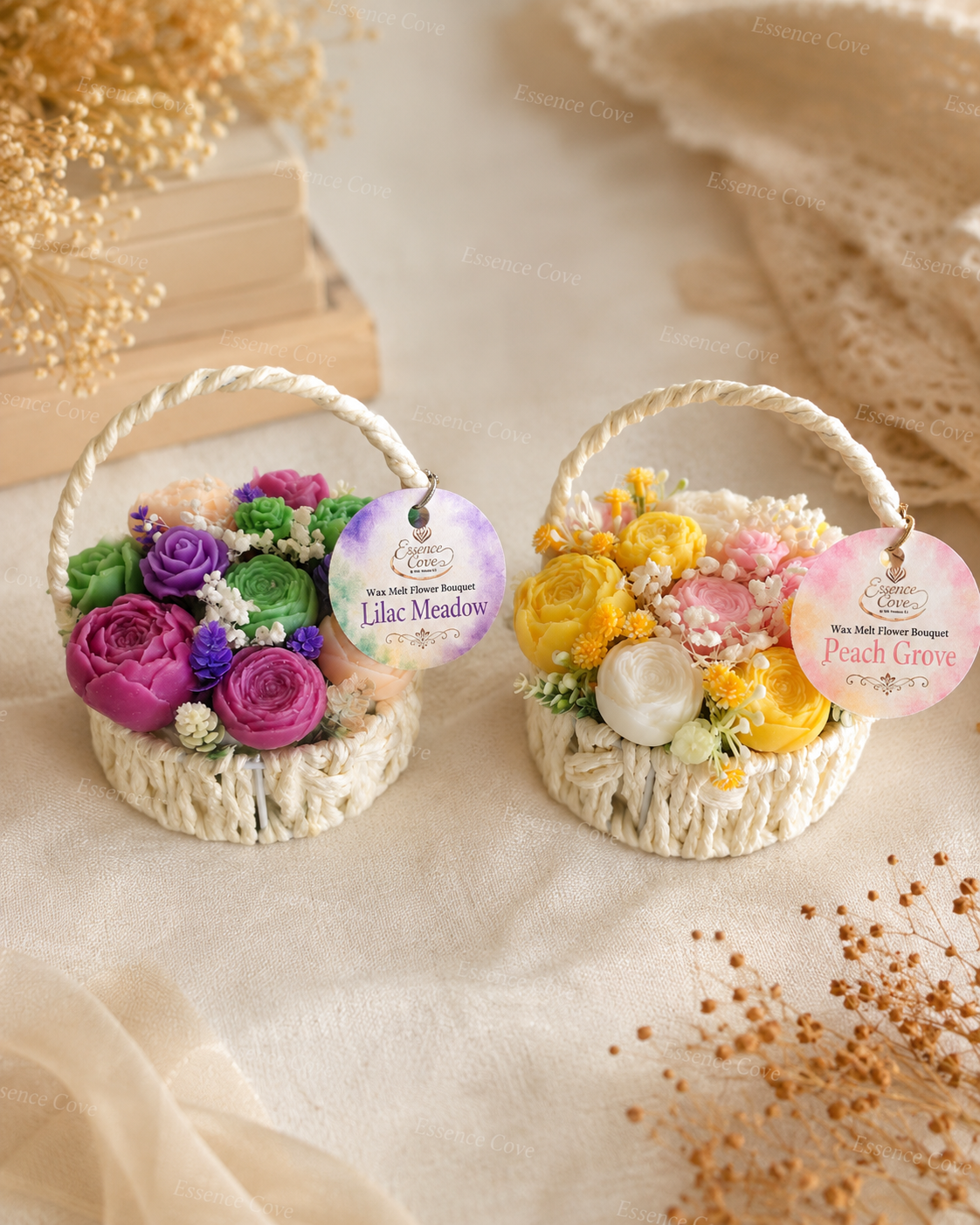 Two handcrafted Wax Flower Summer Baskets by Essence Cove, featuring the yellow and pink Peach Grove arrangement and the purple and green Lilac Meadow arrangement.