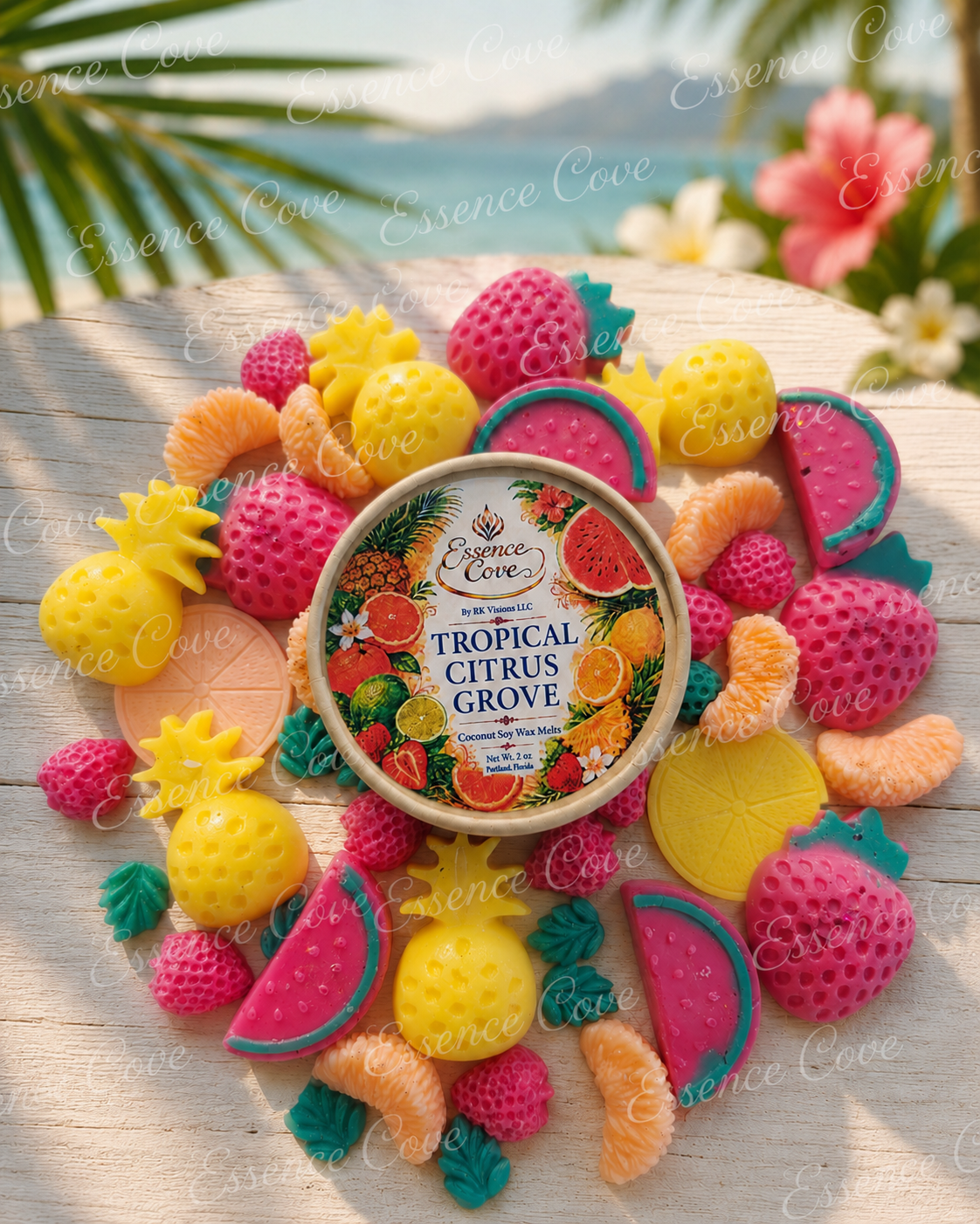 Miniature hand-poured wax melts shaped like pineapples, strawberries, and watermelons made from coconut soy wax.