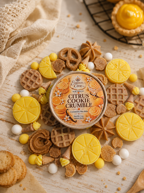 Citrus Cookie Crumble dessert-themed wax melts shaped like mini waffles, pretzels, cookies, and lemons arranged around a product container by Essence Cove