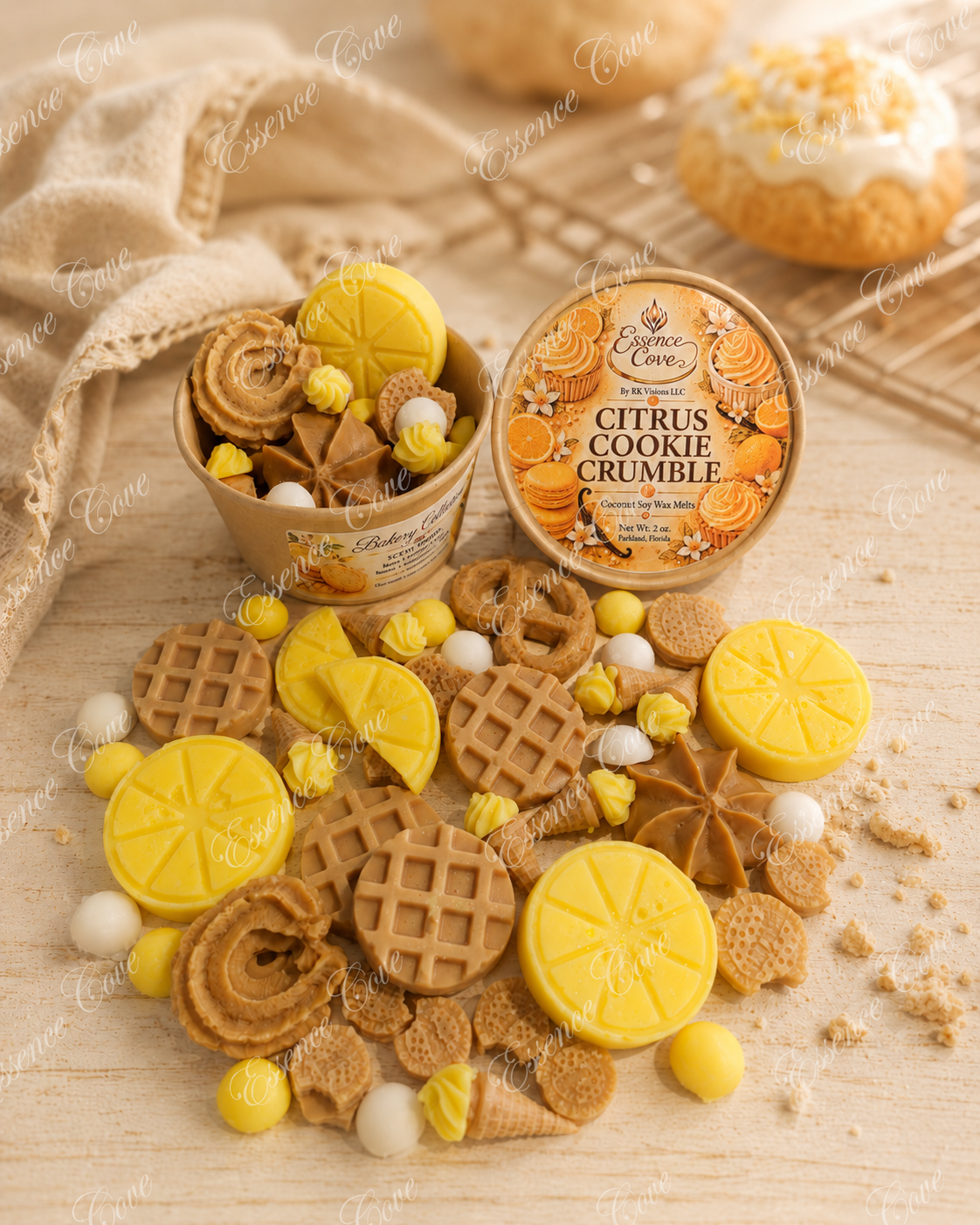 Citrus Cookie Crumble dessert-themed wax melts shaped like mini waffles, pretzels, cookies, and lemons arranged around a product container by Essence Cove