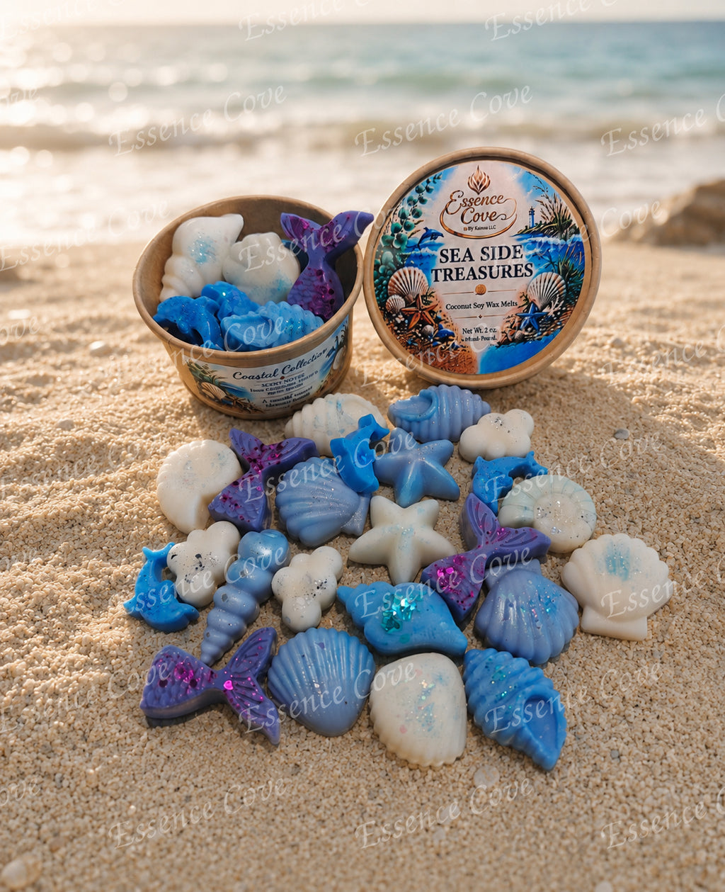 Sea Side Treasures coastal-themed shimmering wax melts shaped like seashells and starfish on a sandy beach background by Essence Cove.