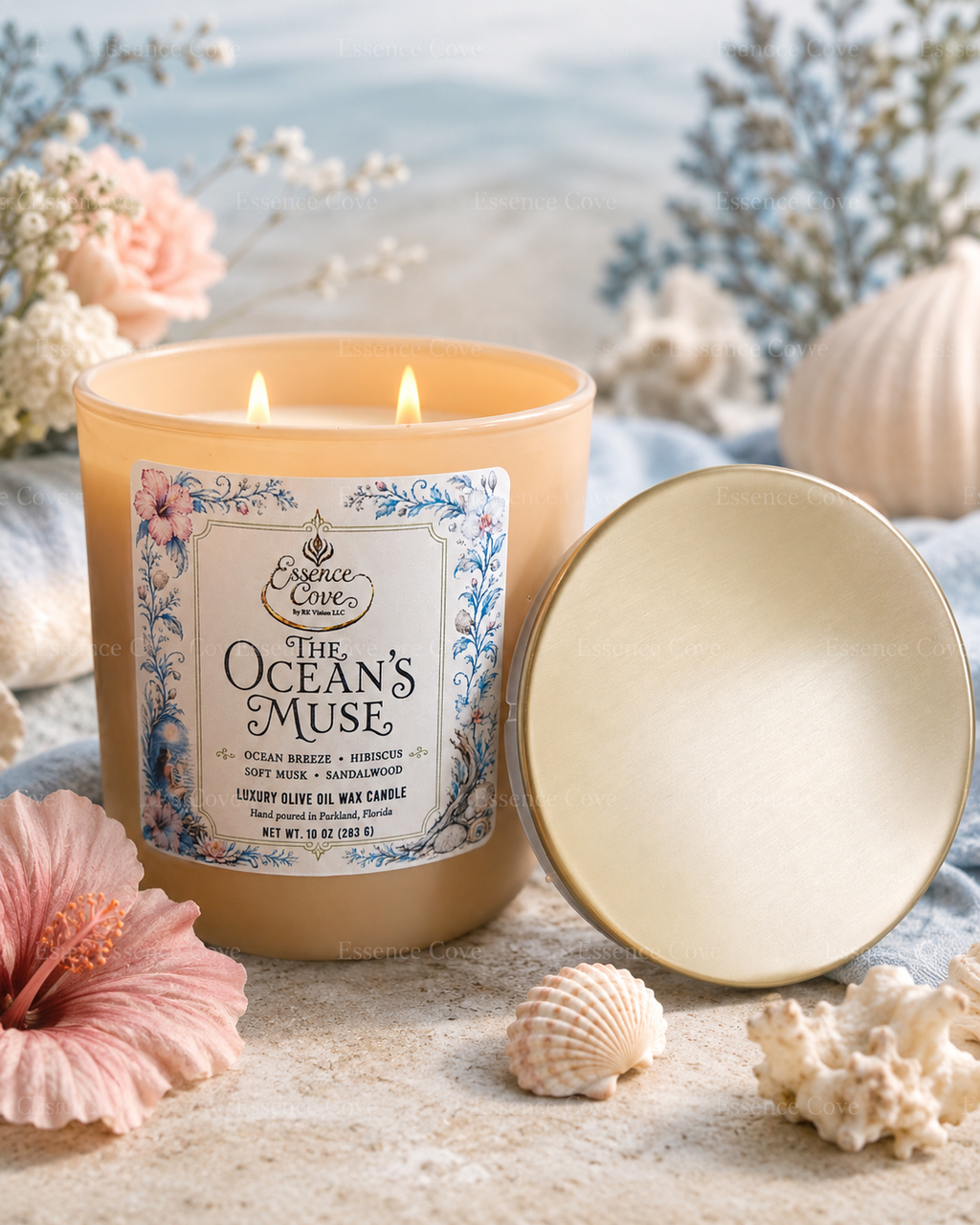 Essence Cove The Oceans Muse 10 oz luxury olive oil wax candle with gold lid and dual cotton wicks