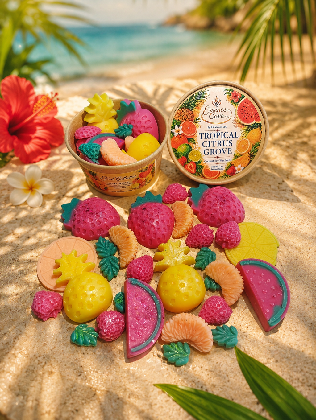 Tropical Citrus Grove fruit-shaped wax melts inside an eco-friendly cup by Essence Cove.