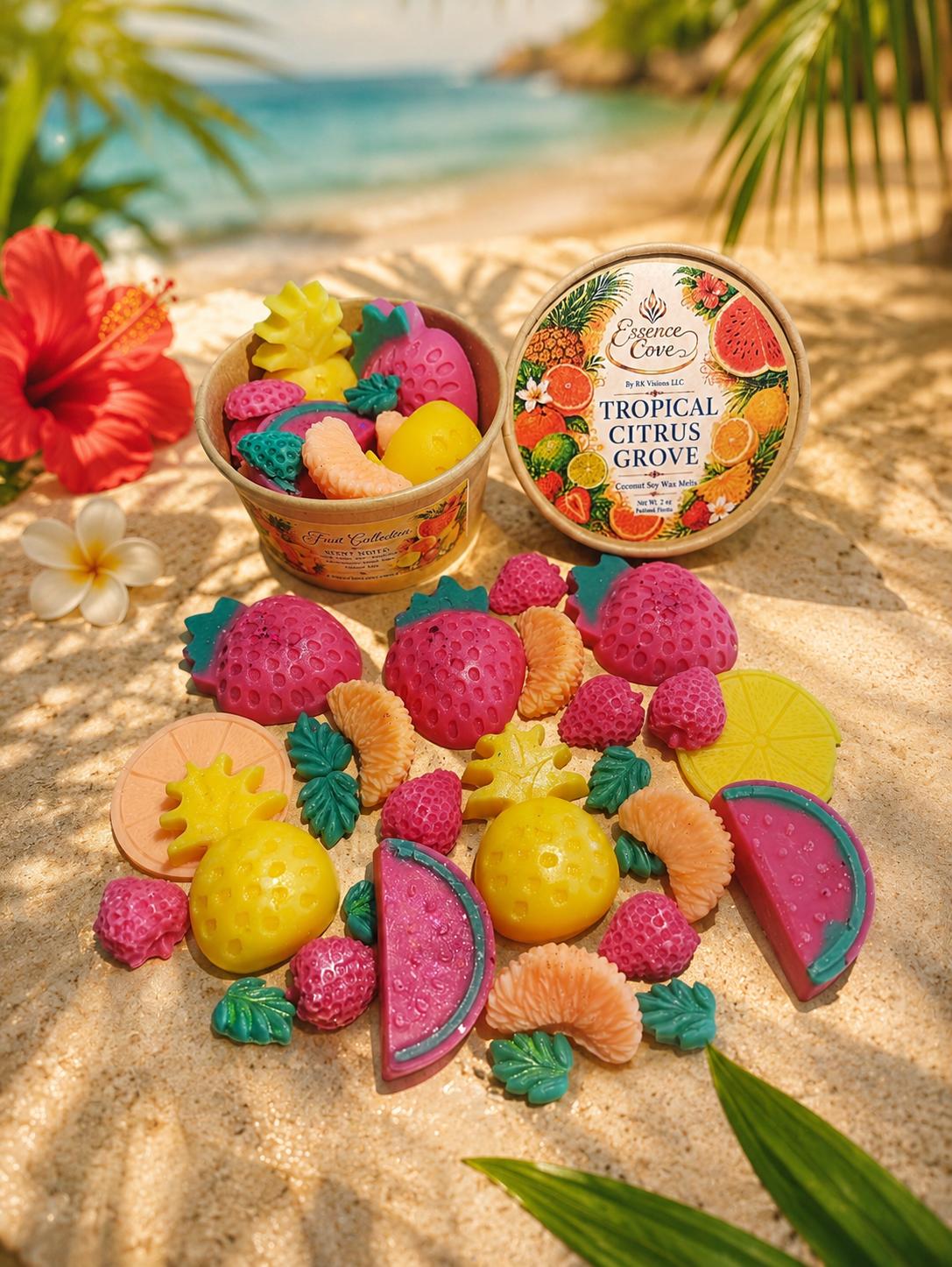 Tropical Citrus Grove fruit-shaped wax melts inside an eco-friendly cup by Essence Cove.
