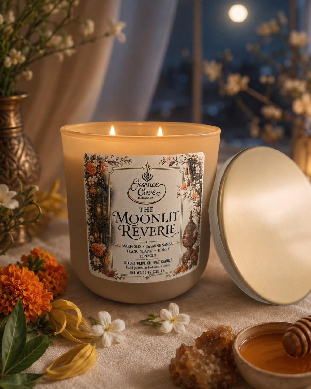 The Moonlit Reverie luxury 10 oz olive oil wax candle with dual lit wicks in a sand-colored matte glass jar, surrounded by raw honey, jasmine, and marigolds by Essence Cove.