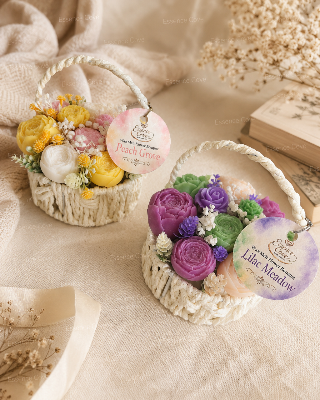 Two handcrafted Wax Flower Summer Baskets by Essence Cove, featuring the yellow and pink Peach Grove arrangement and the purple and green Lilac Meadow arrangement.