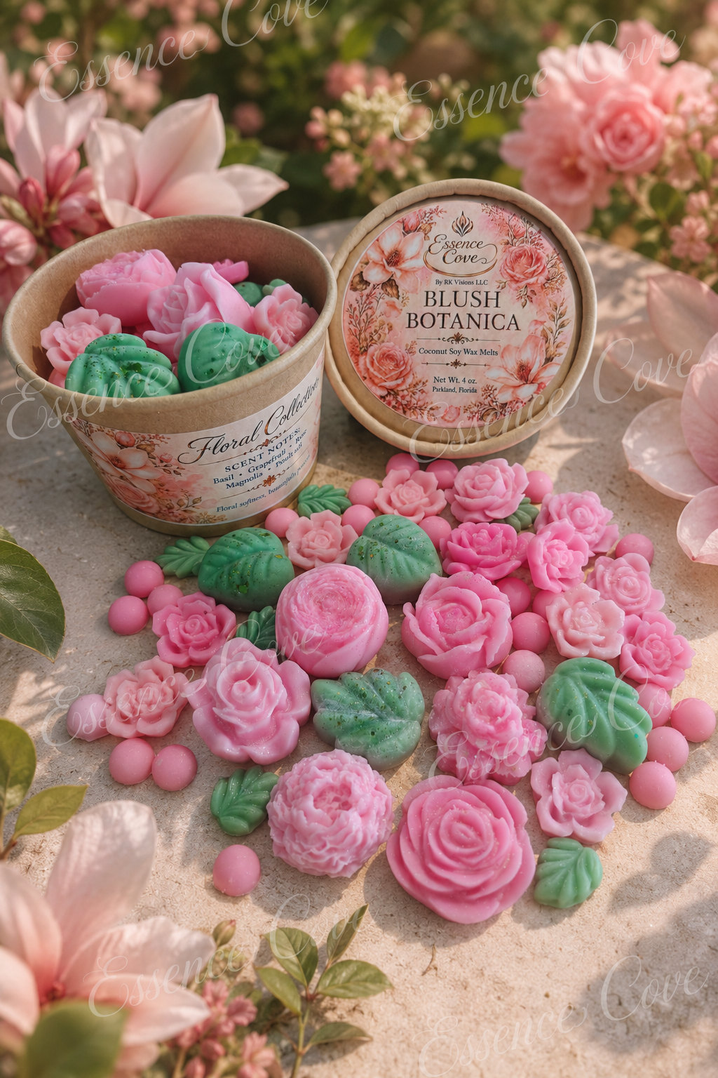 Blush Botanica floral-themed wax melts shaped like pink roses and green leaves scattered around an eco-friendly product container by Essence Cove.