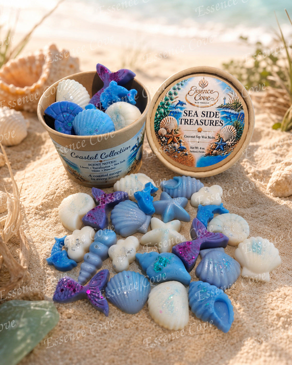 Sea Side Treasures coastal-themed shimmering wax melts shaped like seashells and starfish on a sandy beach background by Essence Cove.
