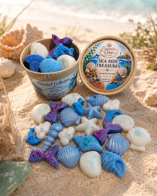 Sea Side Treasures coastal-themed shimmering wax melts shaped like seashells and starfish on a sandy beach background by Essence Cove.