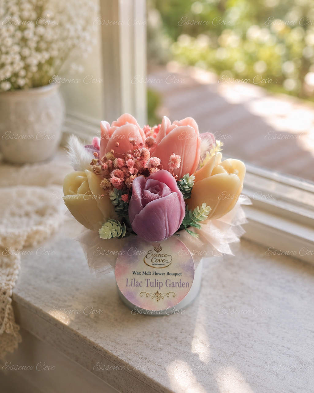 Two handcrafted Wax Flower Tulip Jars by Essence Cove, featuring the colorful Sunlit Tulips arrangement and the pastel Lilac Tulip Garden arrangement in white jars.