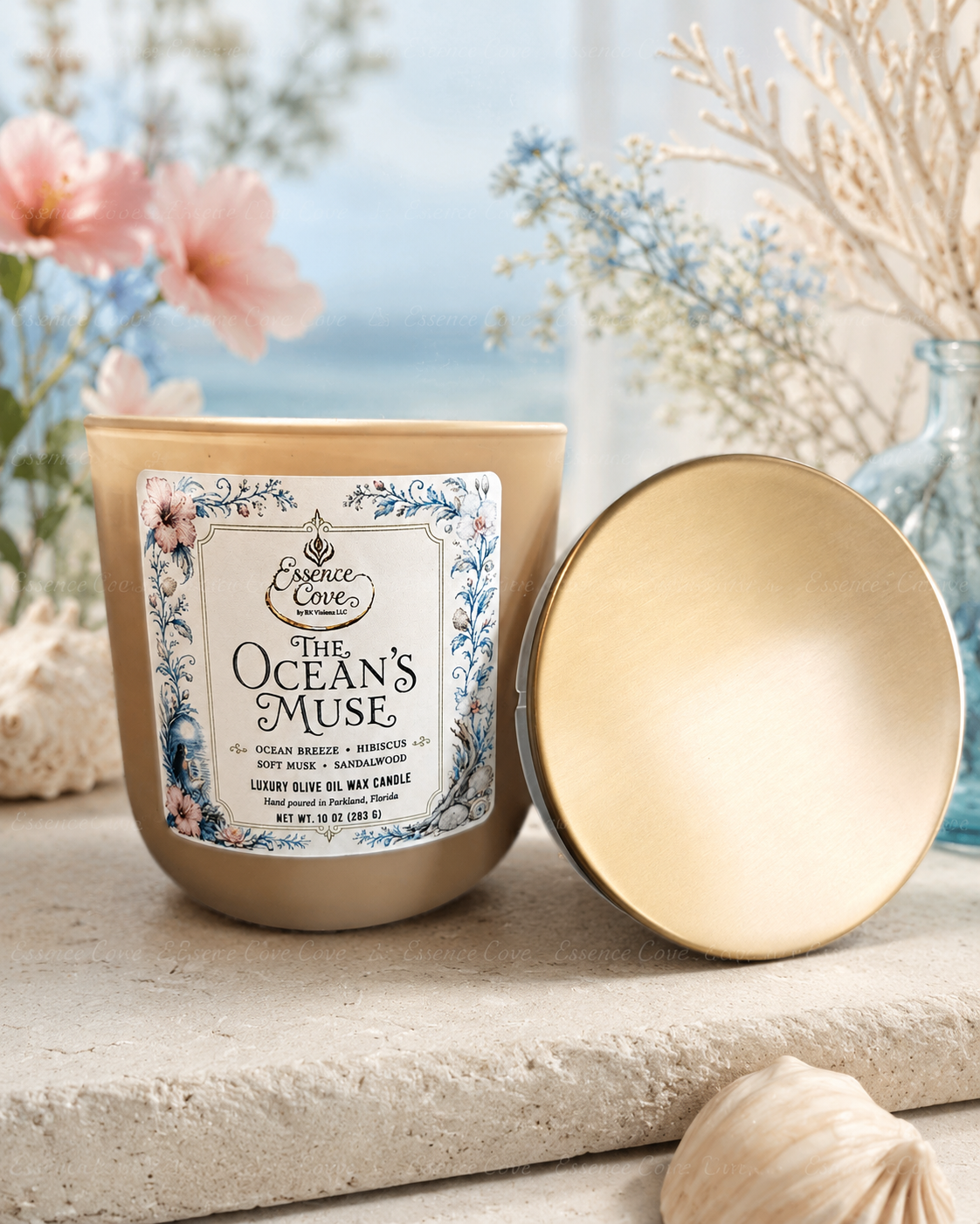 Essence Cove The Oceans Muse 10 oz luxury olive oil wax candle with gold lid and dual cotton wicks