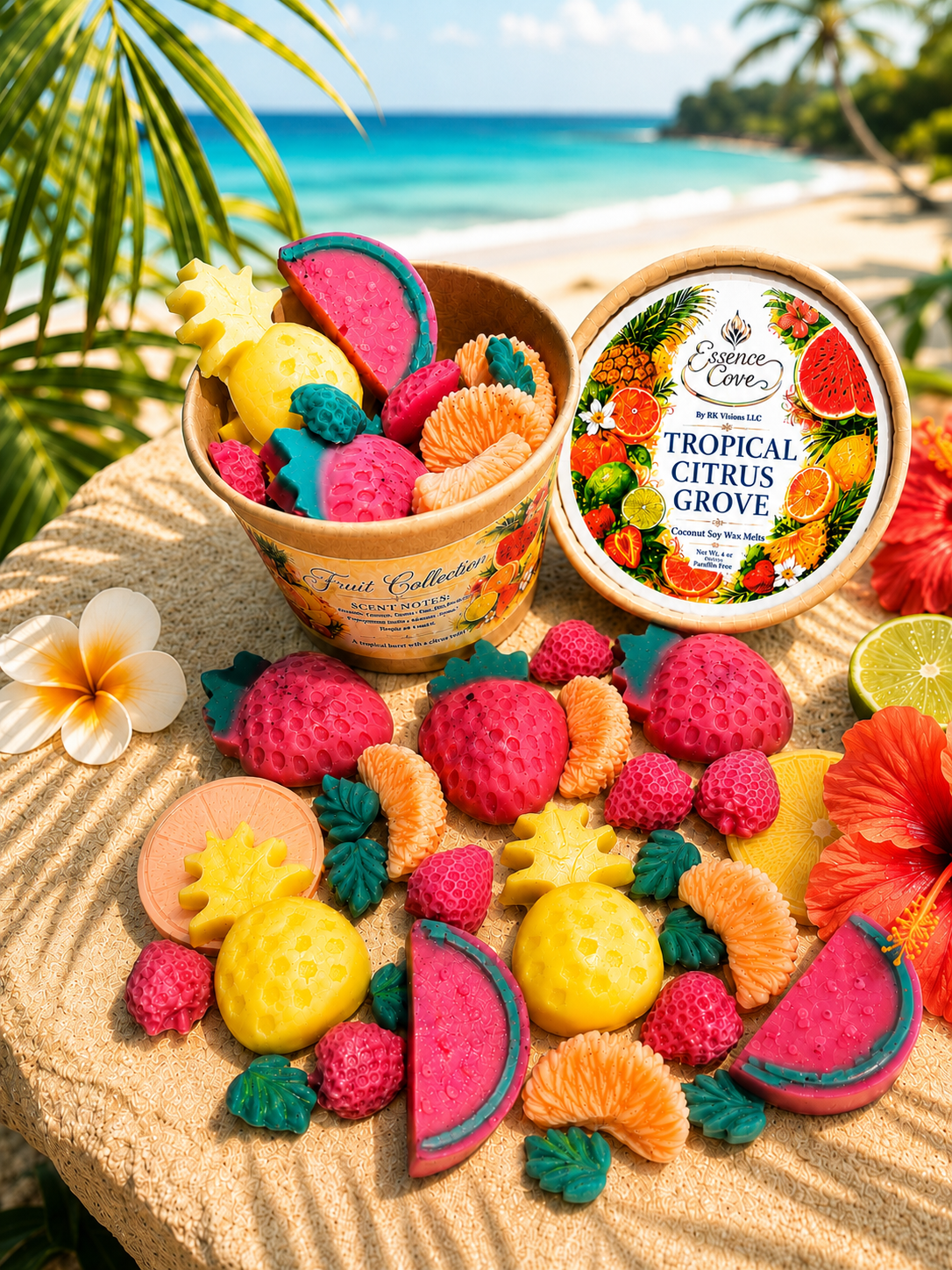 Tropical Citrus Grove fruit-shaped wax melts inside an eco-friendly cup by Essence Cove.