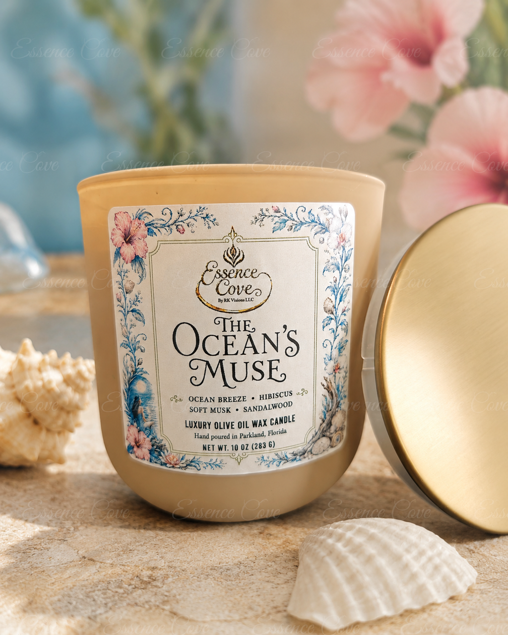 Essence Cove The Oceans Muse 10 oz luxury olive oil wax candle with gold lid and dual cotton wicks