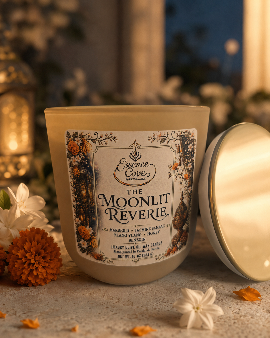 The Moonlit Reverie luxury 10 oz olive oil wax candle with dual lit wicks in a sand-colored matte glass jar, surrounded by raw honey, Jasmine and marigolds by Essence Cove.