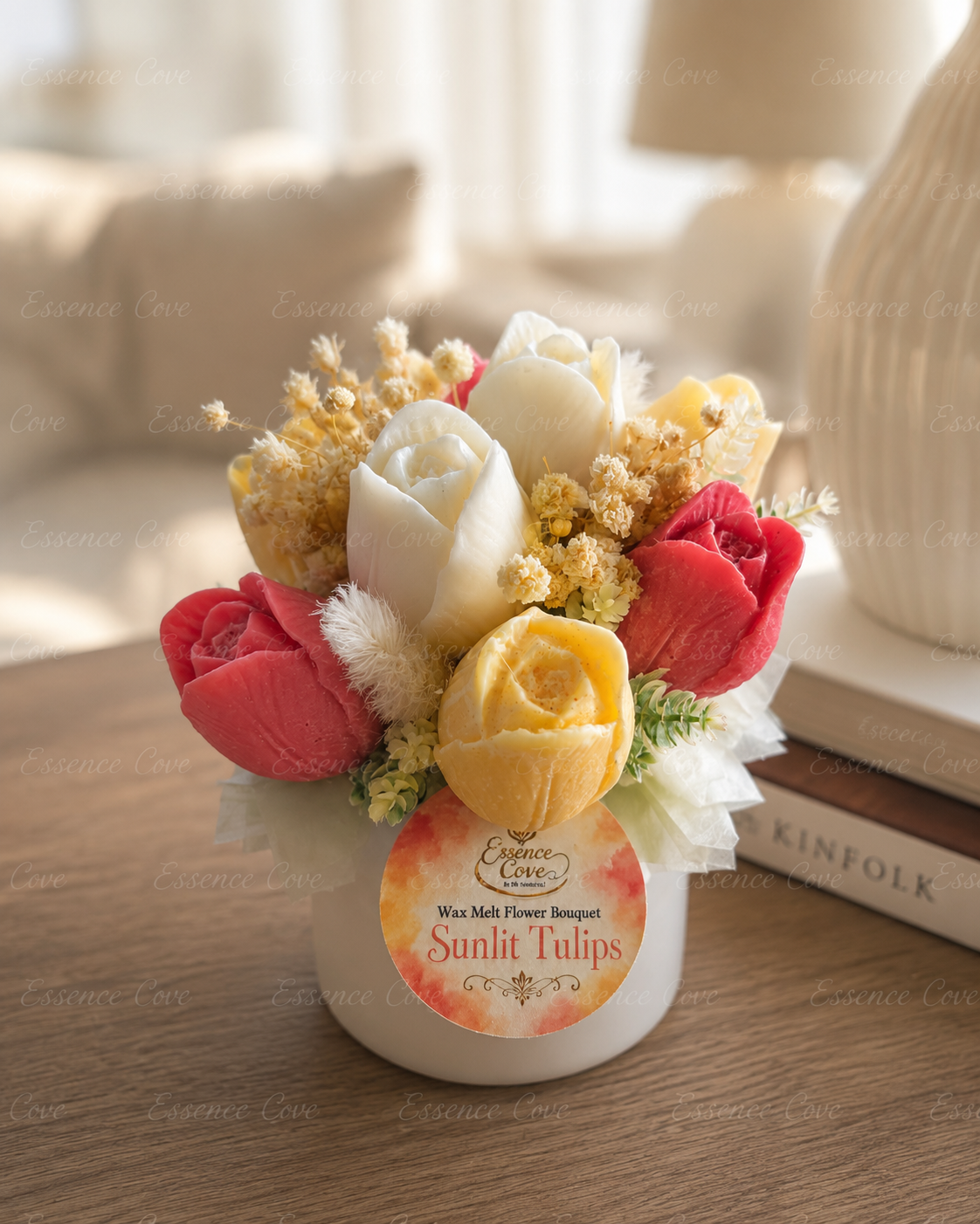 Two handcrafted Wax Flower Tulip Jars by Essence Cove, featuring the colorful Sunlit Tulips arrangement and the pastel Lilac Tulip Garden arrangement in white jars.