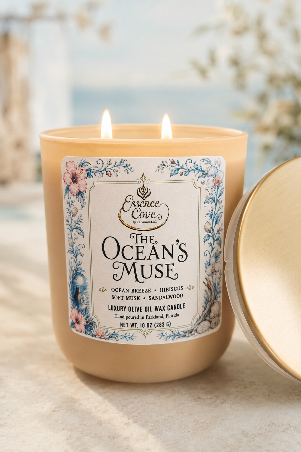Essence Cove The Oceans Muse 10 oz luxury olive oil wax candle with gold lid and dual cotton wicks