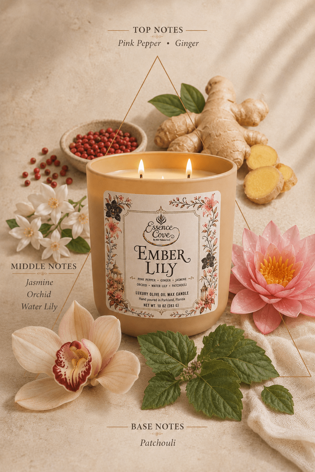 Ember Lily olive oil wax candle styled for a peaceful evening