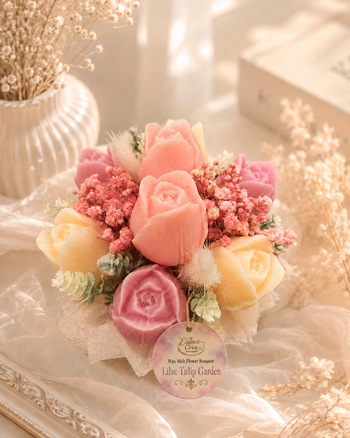 Two handcrafted Wax Flower Tulip Jars by Essence Cove, featuring the colorful Sunlit Tulips arrangement and the pastel Lilac Tulip Garden arrangement in white jars.