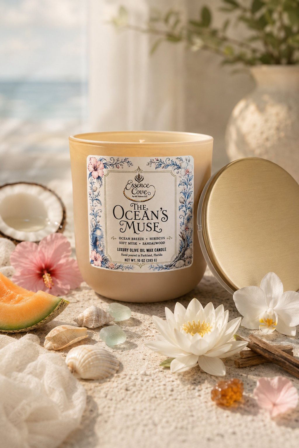 Essence Cove The Oceans Muse 10 oz luxury olive oil wax candle with gold lid and dual cotton wicks