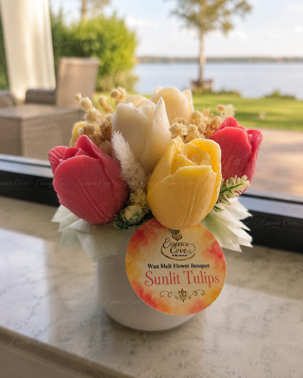 Two handcrafted Wax Flower Tulip Jars by Essence Cove, featuring the colorful Sunlit Tulips arrangement and the pastel Lilac Tulip Garden arrangement in white jars.
