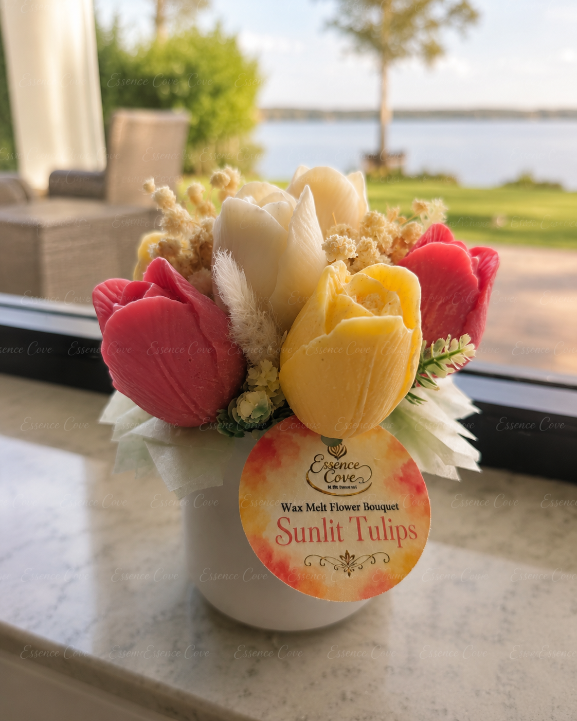 Two handcrafted Wax Flower Tulip Jars by Essence Cove, featuring the colorful Sunlit Tulips arrangement and the pastel Lilac Tulip Garden arrangement in white jars.