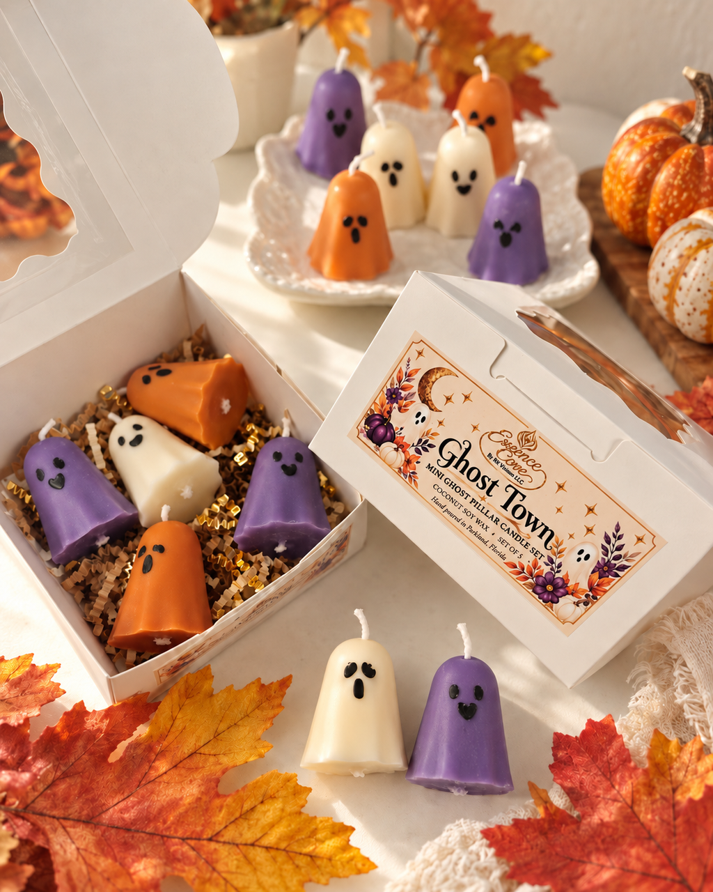 Ghost Town mini ghost pillar candle set with Halloween packaging and five handcrafted coconut soy candles