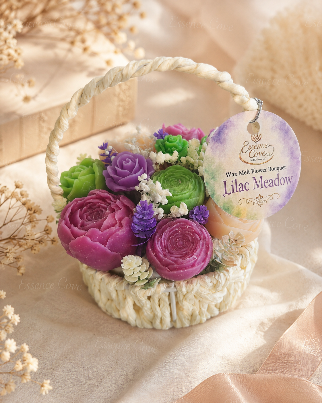 Two handcrafted Wax Flower Summer Baskets by Essence Cove, featuring the yellow and pink Peach Grove arrangement and the purple and green Lilac Meadow arrangement.