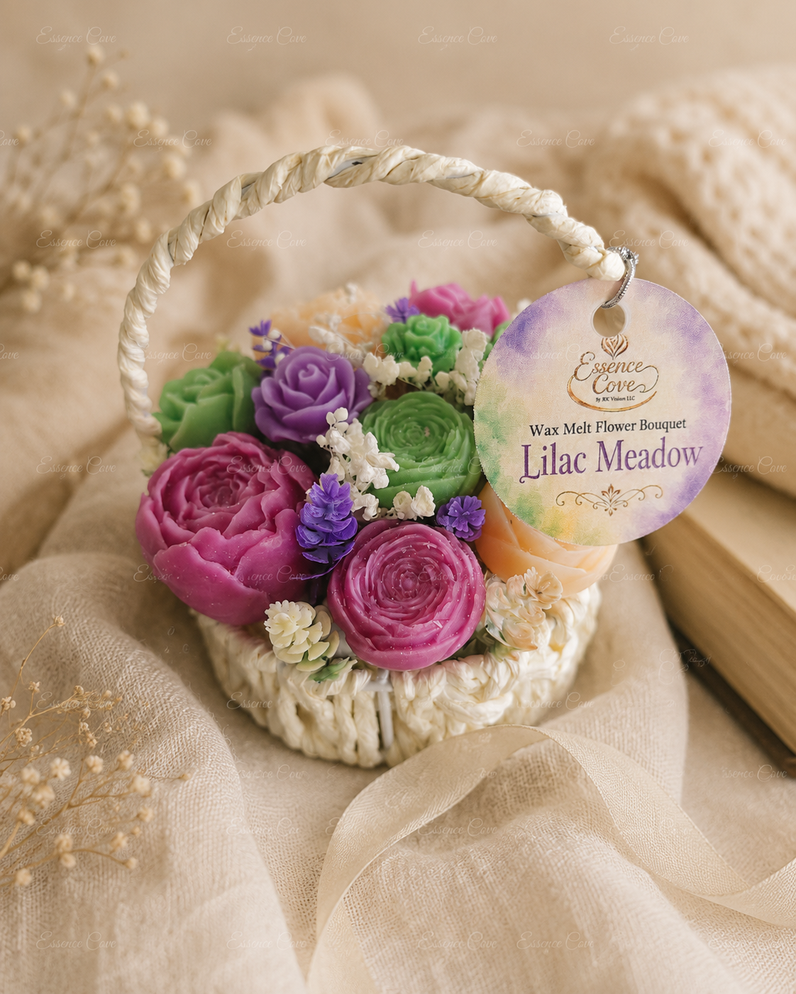 Two handcrafted Wax Flower Summer Baskets by Essence Cove, featuring the yellow and pink Peach Grove arrangement and the purple and green Lilac Meadow arrangement.