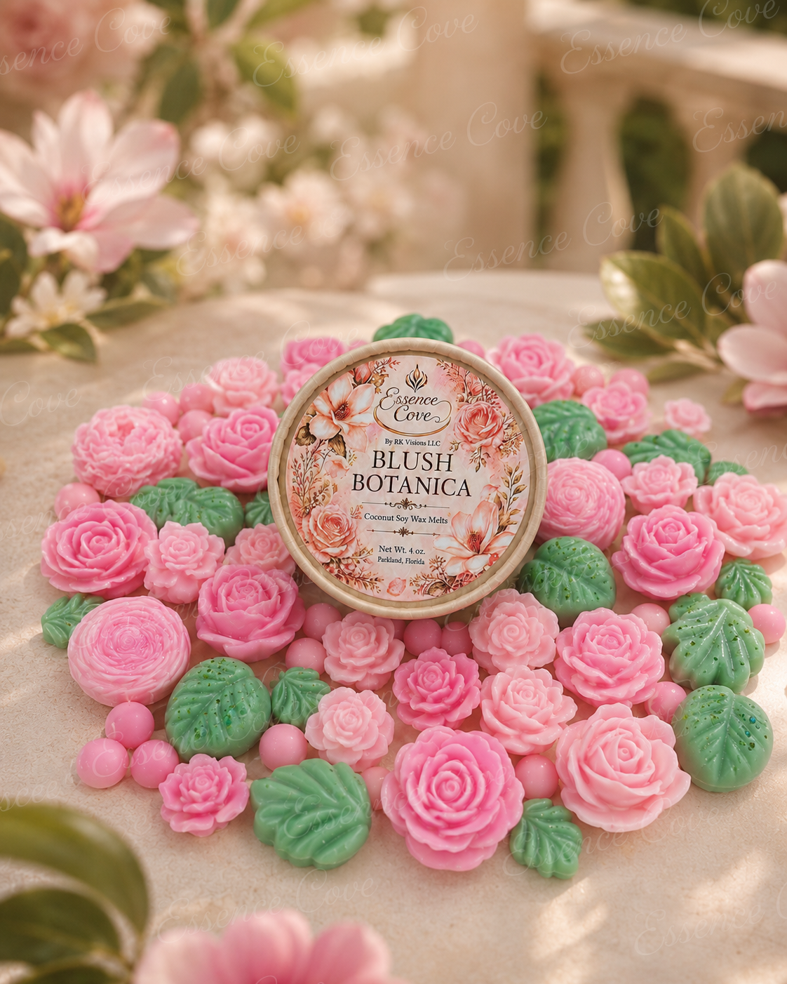 Blush Botanica floral-themed wax melts shaped like pink roses and green leaves scattered around an eco-friendly product container by Essence Cove.