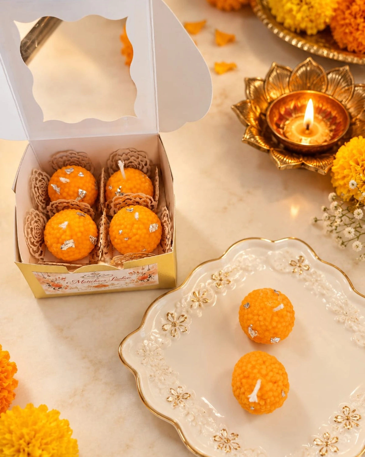Motichoor Ladoo Diwali Pillar Candle Set